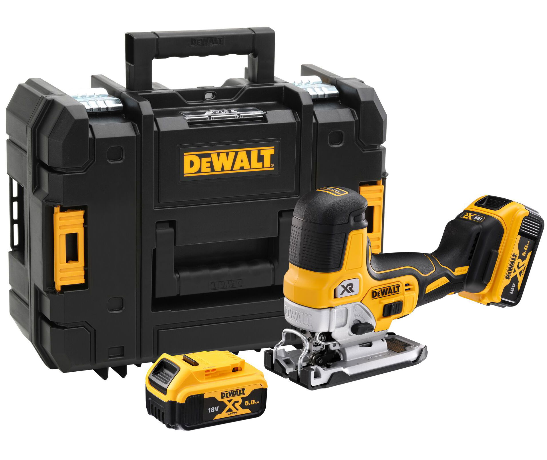 Dewalt DCS335P2 szénkefe nélküli akkus dekopírfűrész (2 x 5.0 Ah Li-ion akkuval, TSTAK kofferben) termék fő termékképe
